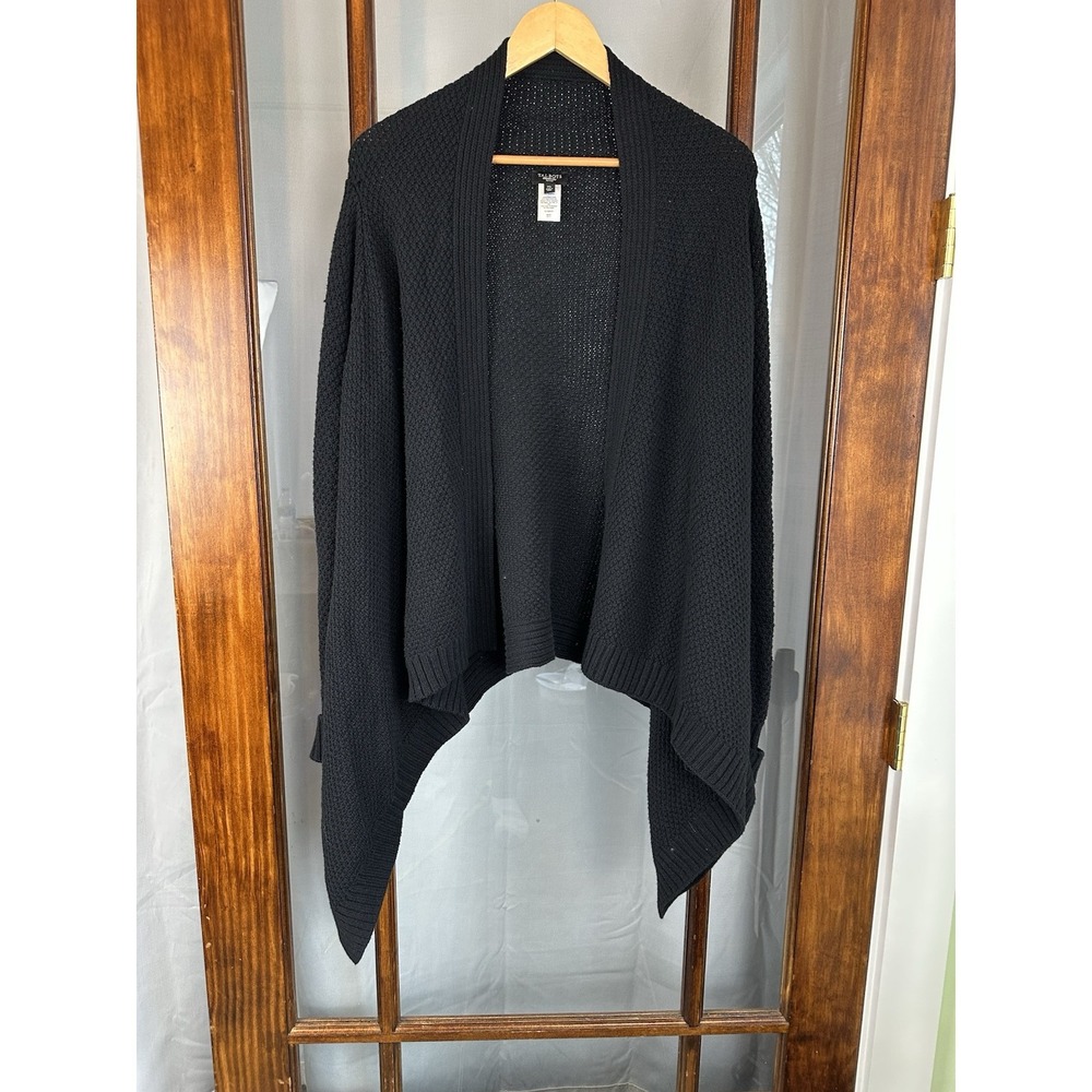 Talbots Cardigan Sweater Womens Petite Medium Black Wool Cotton Blend Open Front